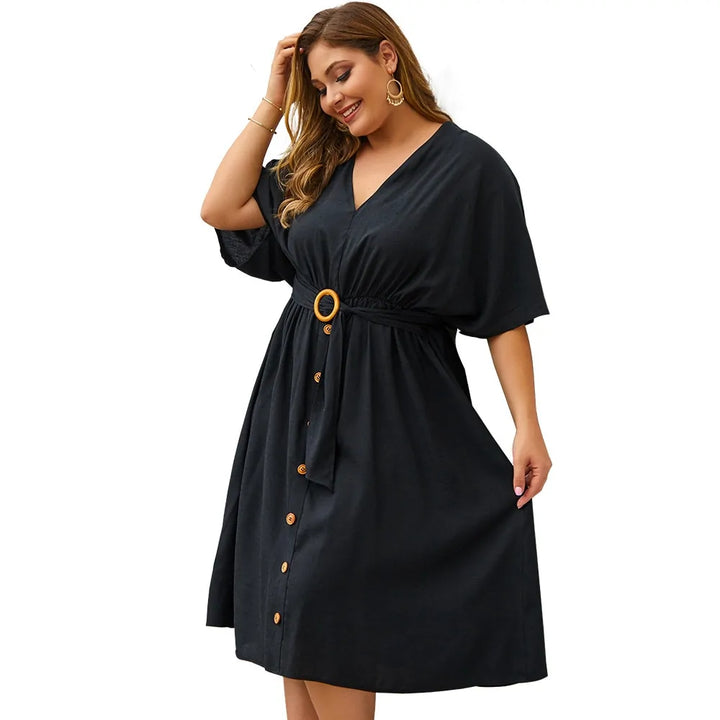 Plus Size Dress Full Sleeve V Neck - GlimmaStyle