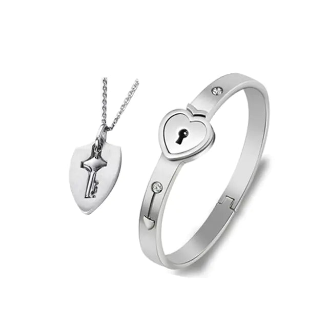 Stainless Steel Love Heart Lock Bangle Bracelet - GlimmaStyle