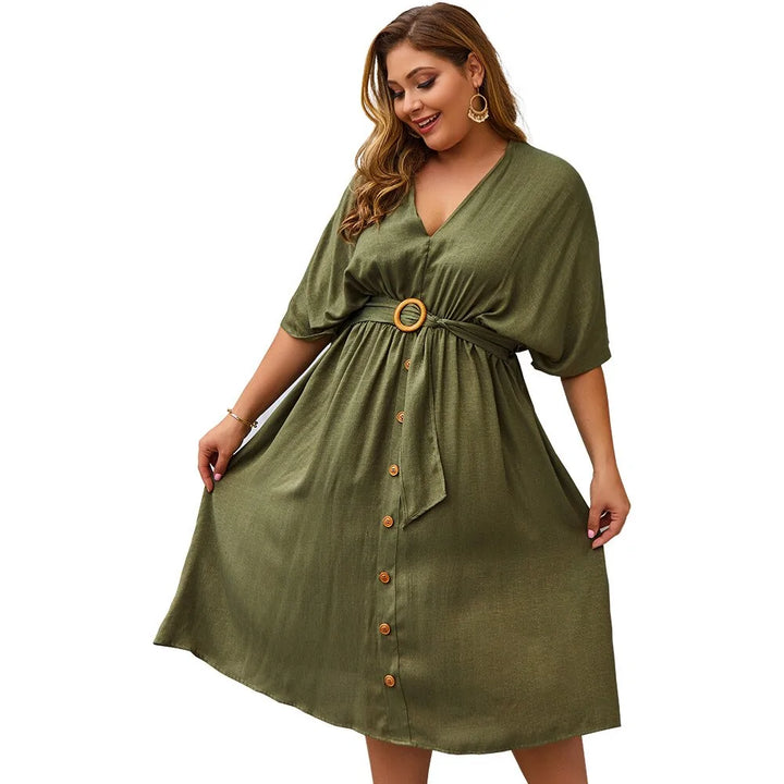 Plus Size Dress Full Sleeve V Neck - GlimmaStyle