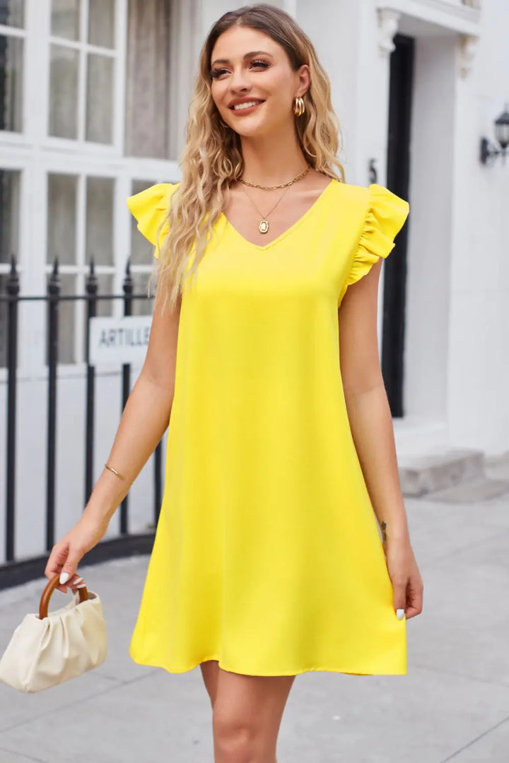 Ruffled V-Neck Flutter Sleeve Dress - GlimmaStyle