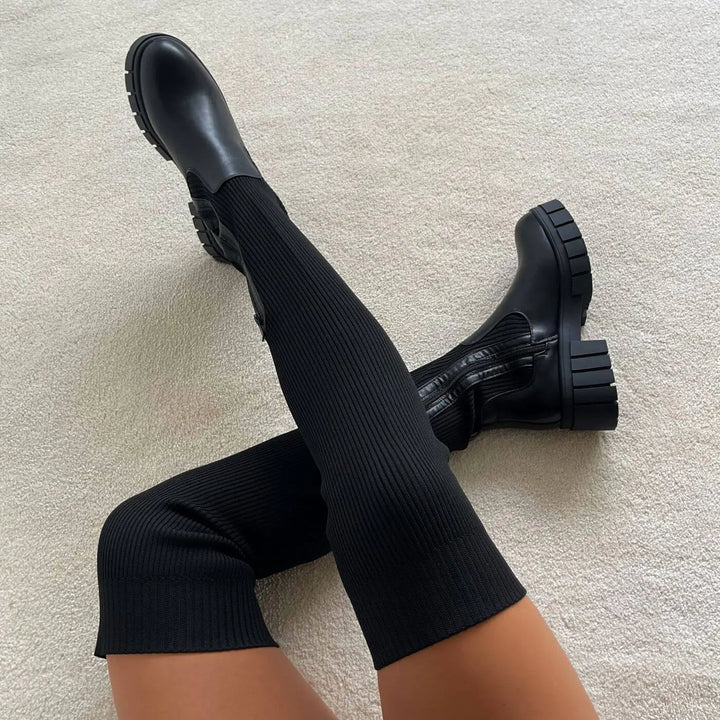 Thigh High Stretch Knit Boots - GlimmaStyle