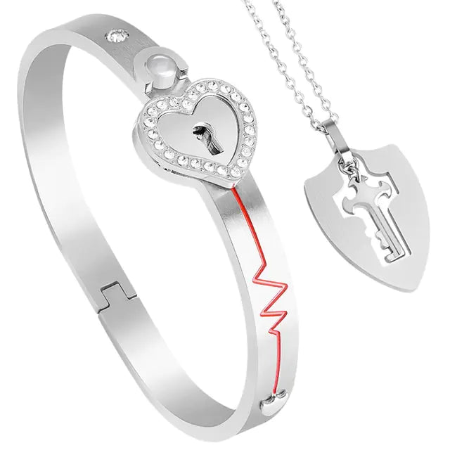 Stainless Steel Love Heart Lock Bangle Bracelet - GlimmaStyle