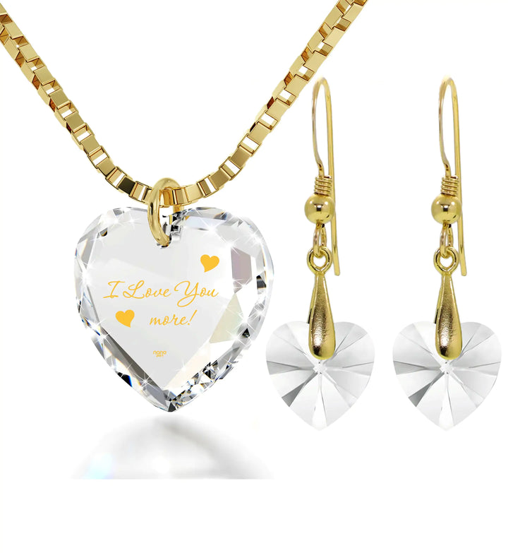 Tiny Heart Jewelry Set 24k Gold Inscribed I Love You More Necklace and Drop Earrings - GlimmaStyle