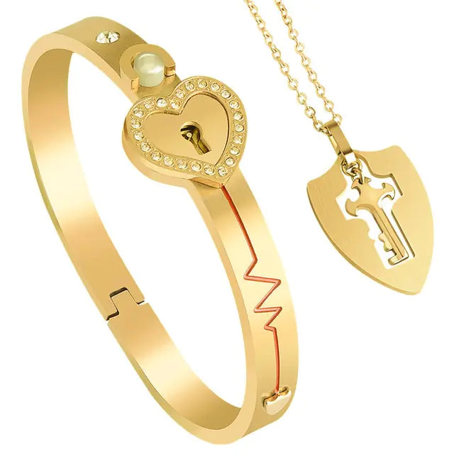 Stainless Steel Love Heart Lock Bangle Bracelet - GlimmaStyle