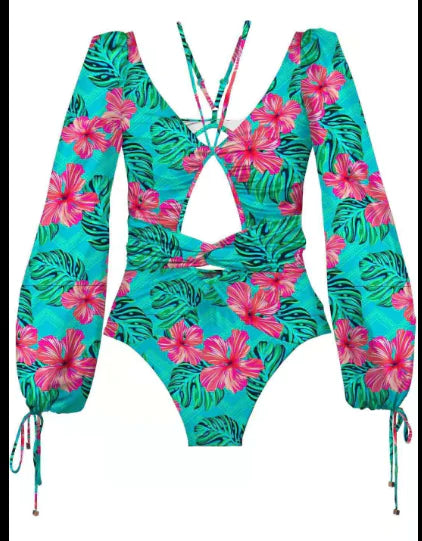 Vintage One Piece Swimsuit Female 2022 Long Sleeve Swimwear Women Plus Size Bathing Suit Print Bandage Summer Bathers Monokini - GlimmaStyle