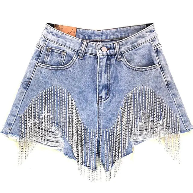 Tassel Rhinestone Denim Shorts - GlimmaStyle