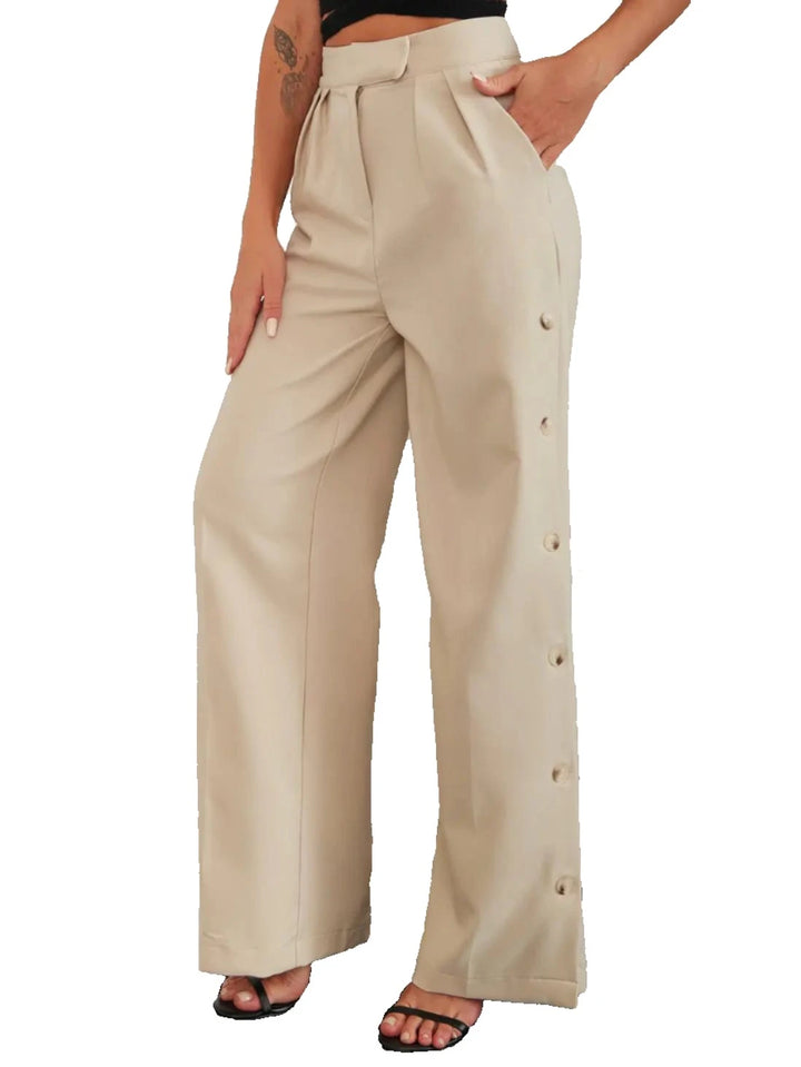 Side Button Pleated Wide Leg Pants - GlimmaStyle