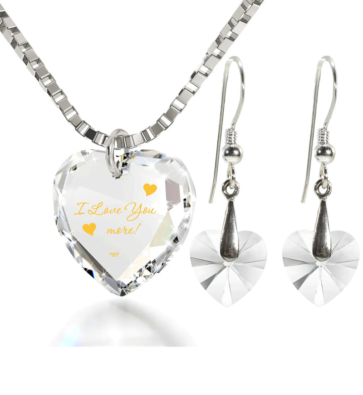 Tiny Heart Jewelry Set 24k Gold Inscribed I Love You More Necklace and Drop Earrings - GlimmaStyle