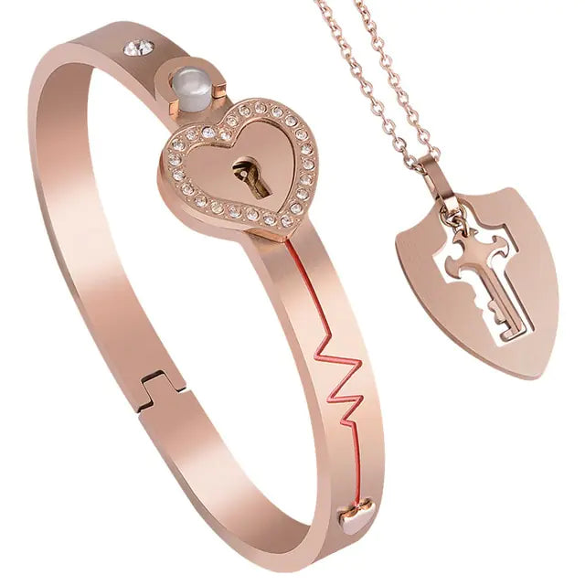 Stainless Steel Love Heart Lock Bangle Bracelet - GlimmaStyle