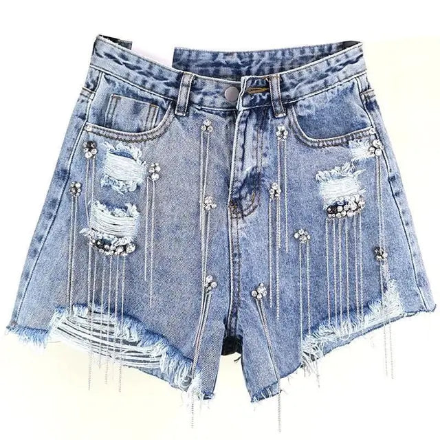 Tassel Rhinestone Denim Shorts - GlimmaStyle