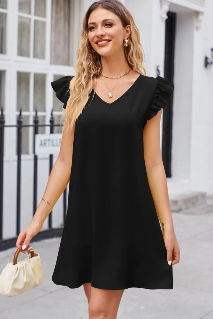 Ruffled V-Neck Flutter Sleeve Dress - GlimmaStyle