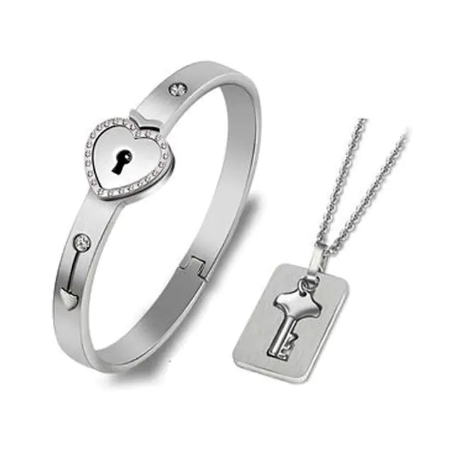 Stainless Steel Love Heart Lock Bangle Bracelet - GlimmaStyle