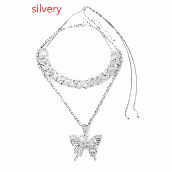 FlutterIce - Iced Out Butterfly Cuban Link Charm Necklace Set - GlimmaStyle