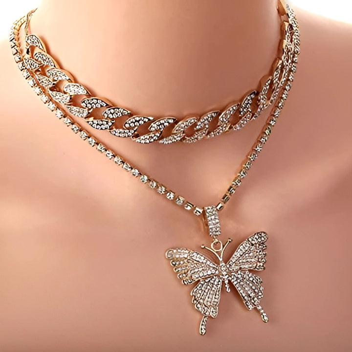 FlutterIce - Iced Out Butterfly Cuban Link Charm Necklace Set - GlimmaStyle