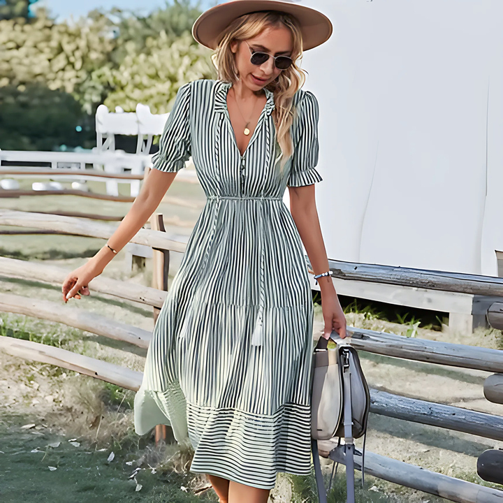 Florenza Short Sleeve Midi Striped Dress - GlimmaStyle