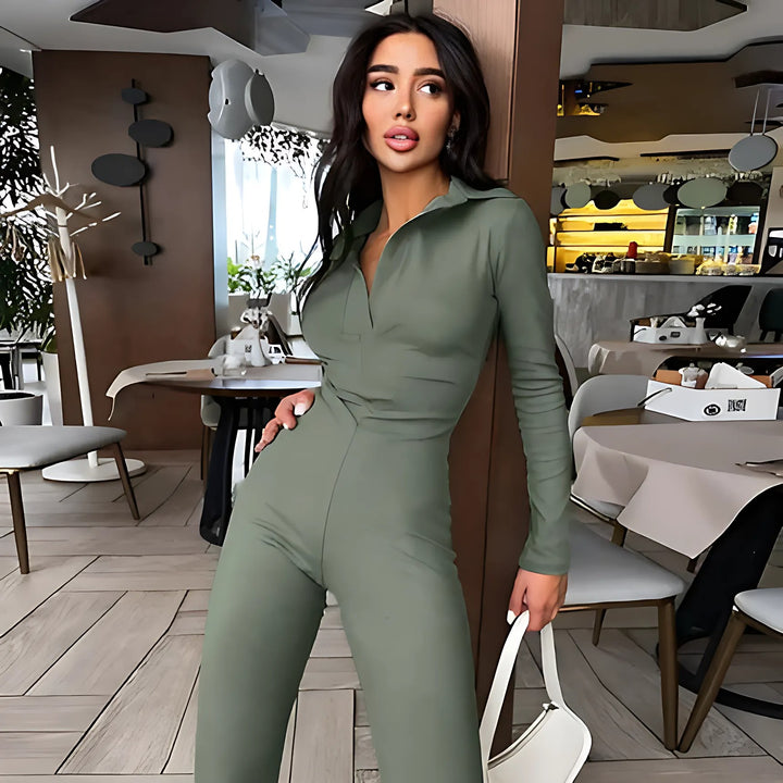 Long Sleeve V-Neck Skinny Jumpsuit - GlimmaStyle