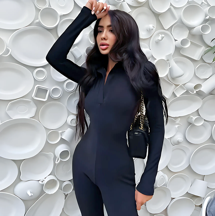 Long Sleeve V-Neck Skinny Jumpsuit - GlimmaStyle