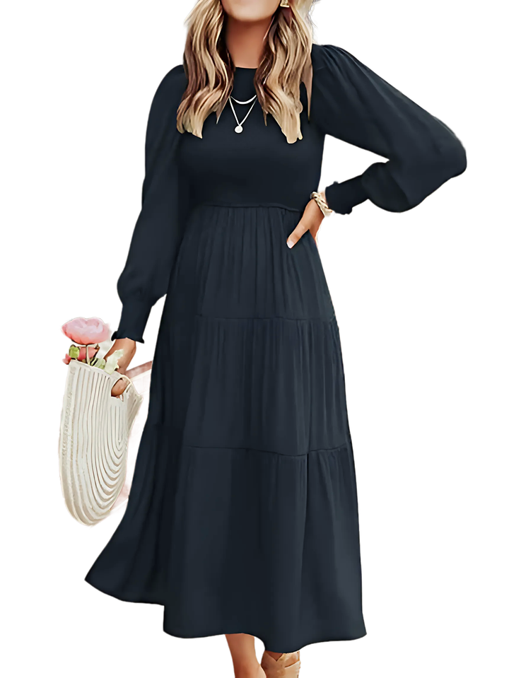 Midi Dress Long Sleeve Plain Charm - GlimmaStyle