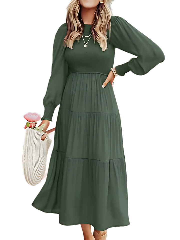 Midi Dress Long Sleeve Plain Charm - GlimmaStyle