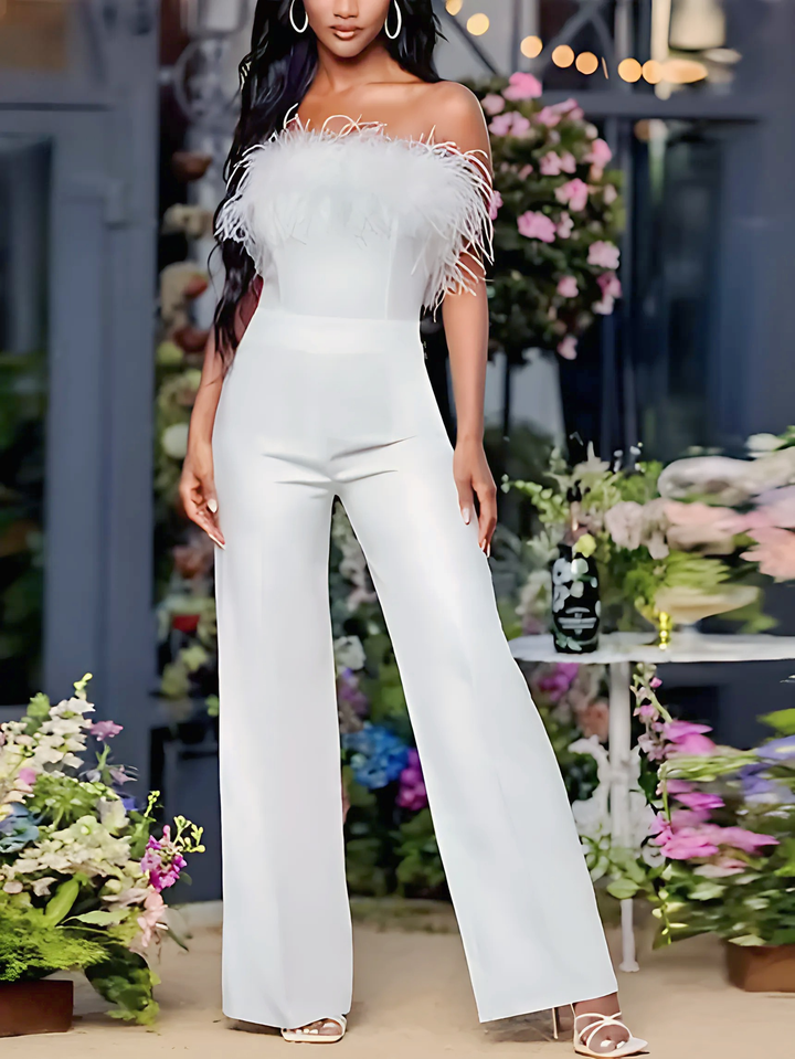 Women Sequined Feather-paneled Jumpsuit - GlimmaStyle