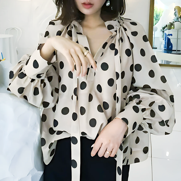 Women's Bow Stand Collar Blouse with Lantern Sleeves - GlimmaStyle