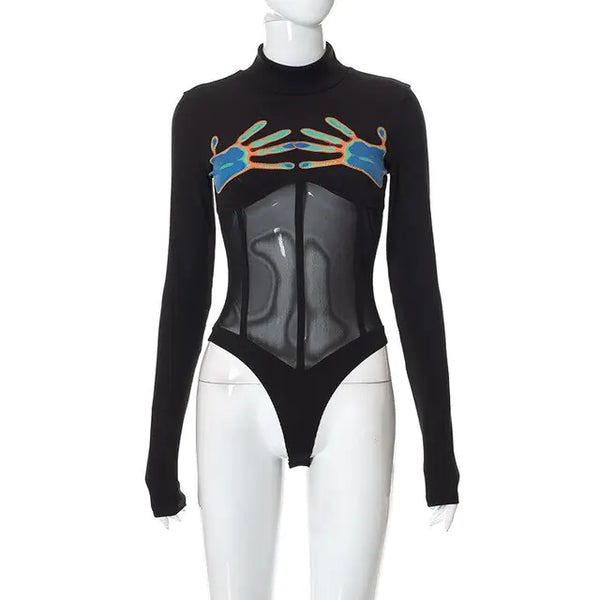 See Through Black Long Sleeve Bodysuit - GlimmaStyle