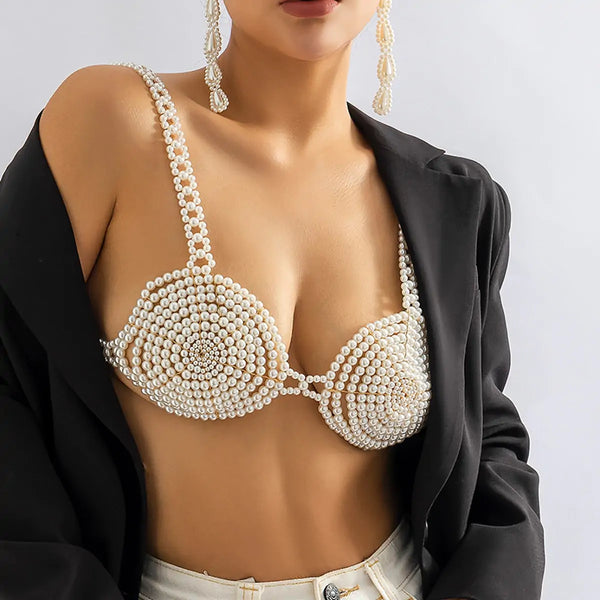 White Beaded Pearl Corset Bra - GlimmaStyle