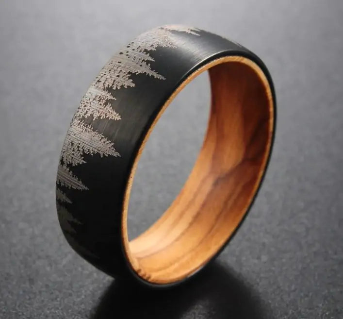 Black Etched Tree Line Wood and Tungsten Ring - GlimmaStyle