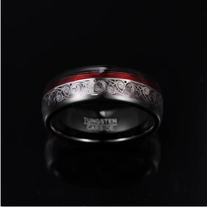 Spiral Motif and Red Guitar String Tungsten Ring - GlimmaStyle