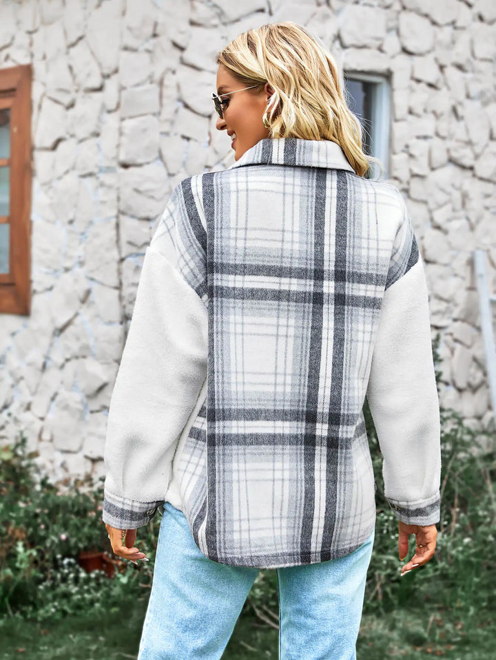 Plaid Contrast Button Front Spliced Sherpa Jacket - GlimmaStyle