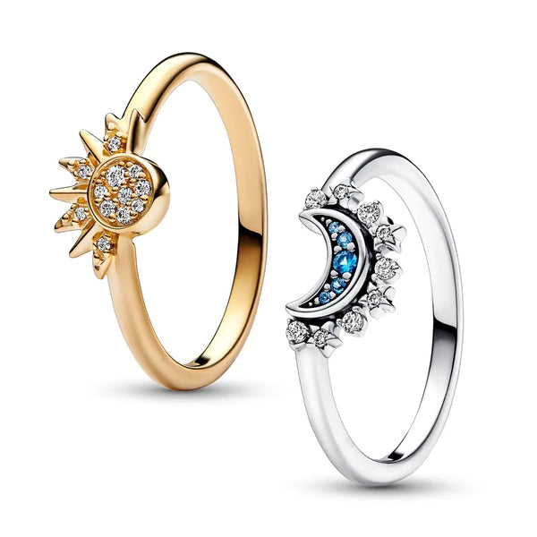 Celestial Blue Sparkling Moon And Sun Rings - GlimmaStyle