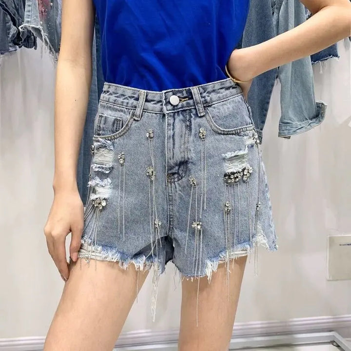 Tassel Rhinestone Denim Shorts - GlimmaStyle