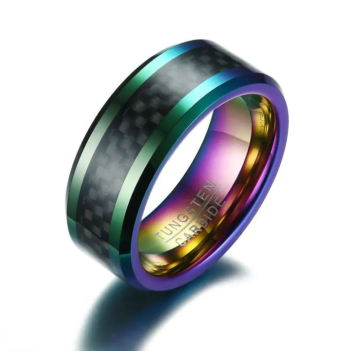 Rainbow Tungsten Carbide Ring with Beveled Edges - GlimmaStyle