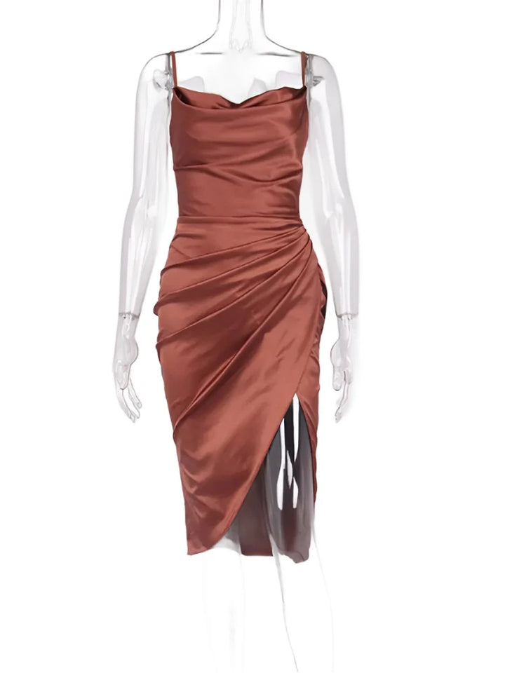 Midi Satin Dress Split Adjustable Strap - GlimmaStyle