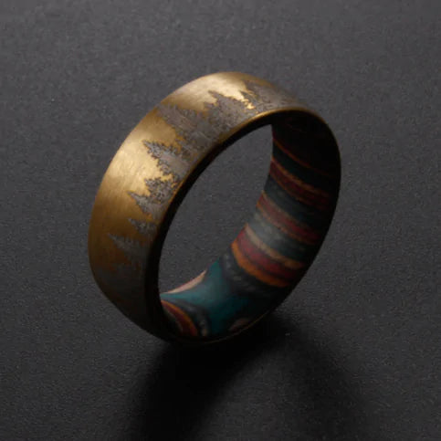 Bronze Etched Tree Line with Striped Wood Sleeve Tungsten Ring - GlimmaStyle