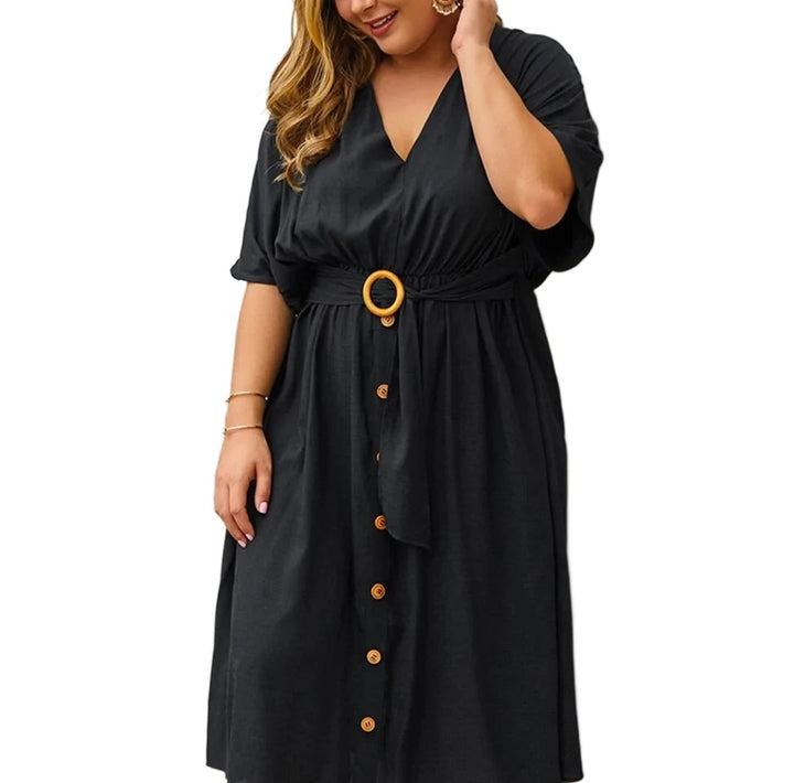 Plus Size Dress Full Sleeve V Neck - GlimmaStyle