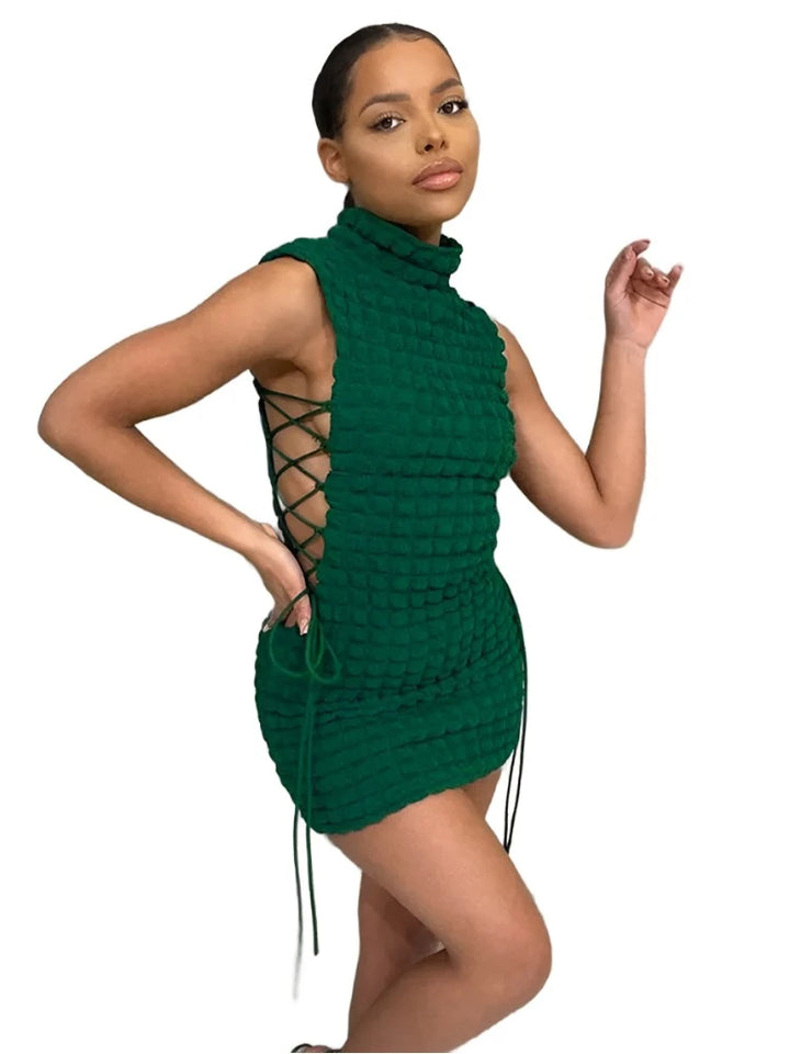 High Neck Lace Up Mini Dress - GlimmaStyle