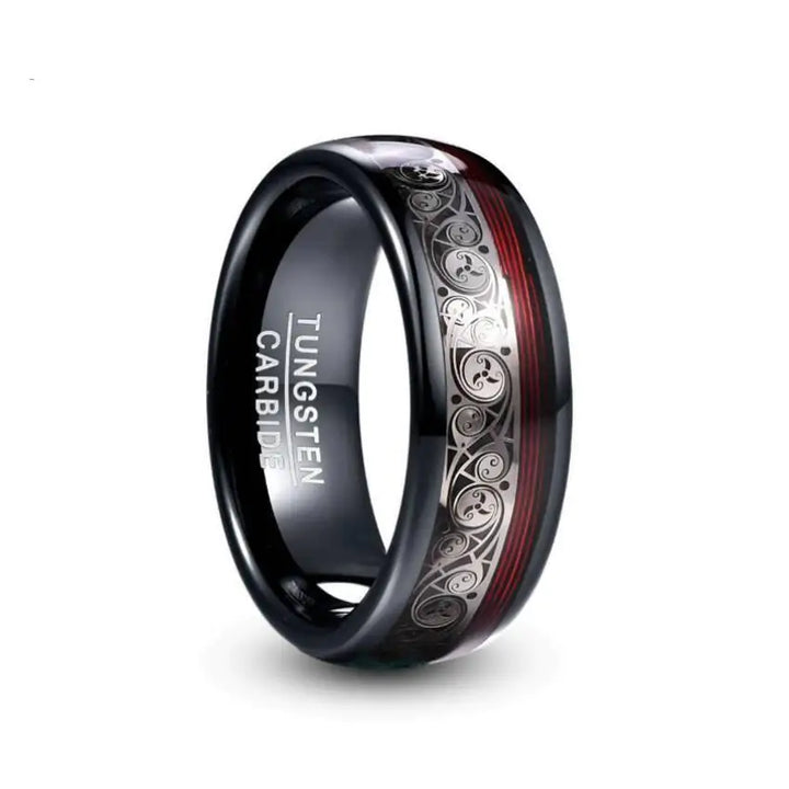 Spiral Motif and Red Guitar String Tungsten Ring - GlimmaStyle