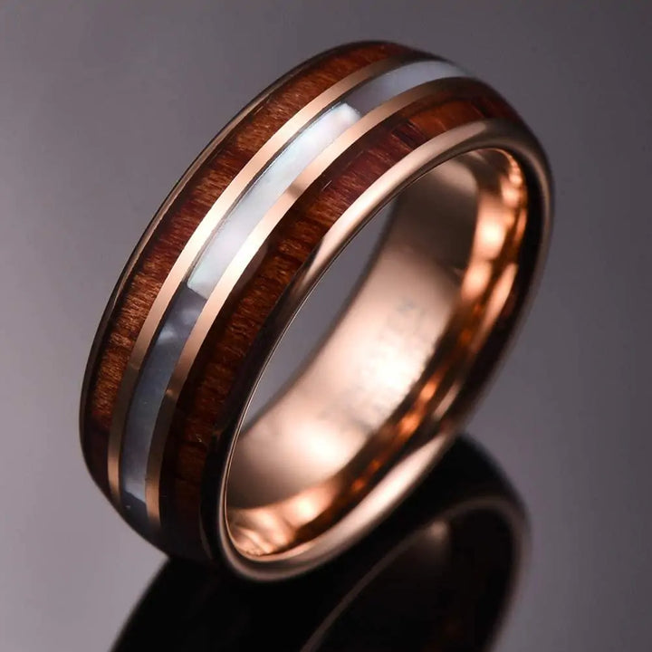 Koa Wood and Pearl Tungsten Ring - GlimmaStyle