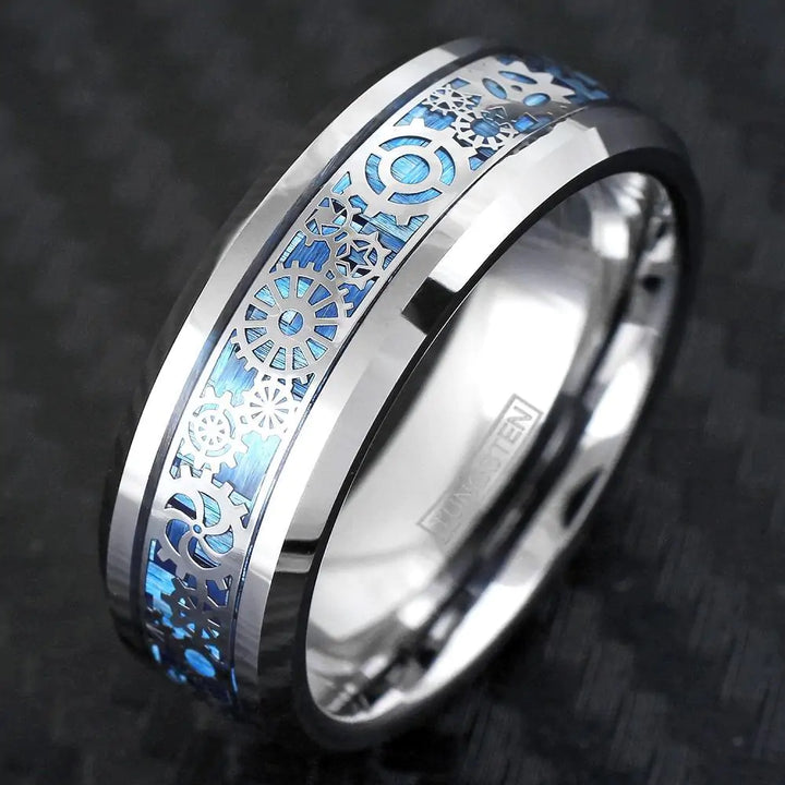 Steampunk Blue Faux Carbon Fiber Tungsten Ring - GlimmaStyle