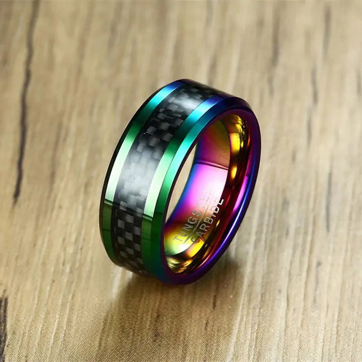 Rainbow Tungsten Carbide Ring with Beveled Edges - GlimmaStyle