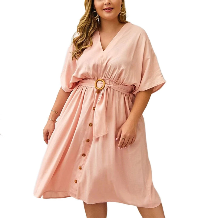 Plus Size Dress Full Sleeve V Neck - GlimmaStyle