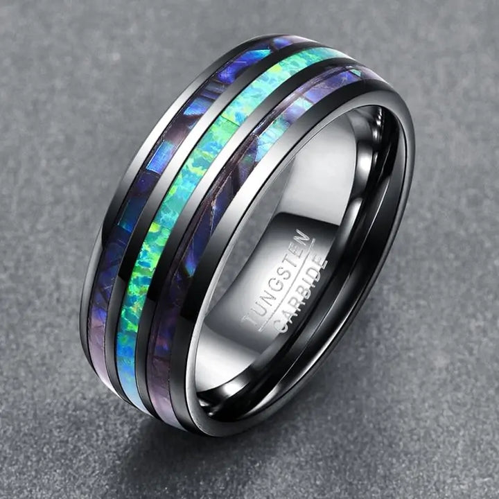 Blue Faux Opal Shell Inlay Tungsten Carbide Ring - GlimmaStyle