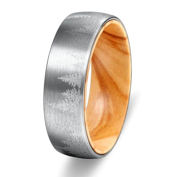 Silver Etched Tree Line and Olive Wood Tungsten Ring - GlimmaStyle