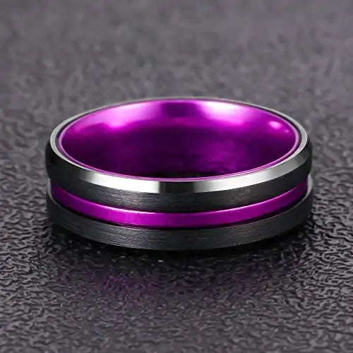 Black Tungsten and Purple Stripe Ring - GlimmaStyle