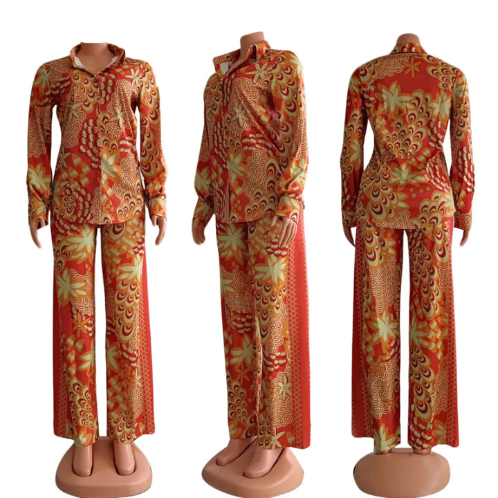 Peacock Set Button Up Blouse and Pants - GlimmaStyle