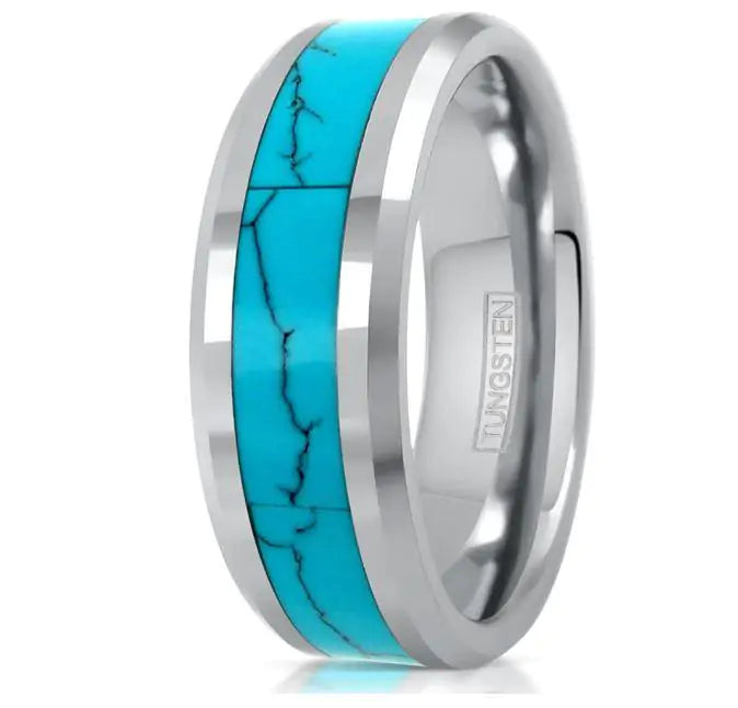 Silver Turquoise Inlay Tungsten Ring - GlimmaStyle