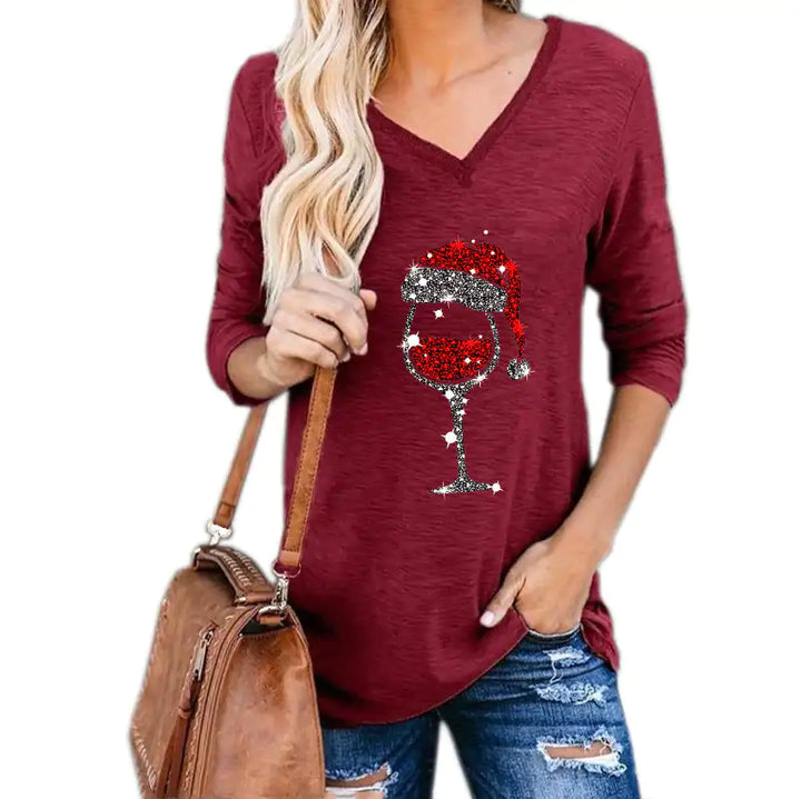 Christmas Wine Glass Print Blouse - GlimmaStyle