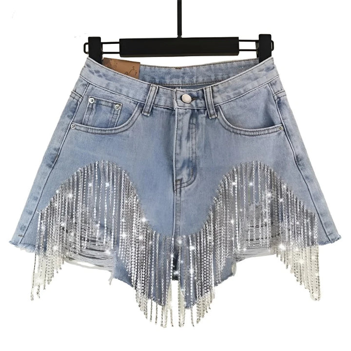 Tassel Rhinestone Denim Shorts - GlimmaStyle