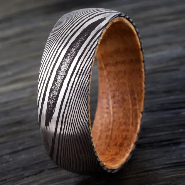 Wood Grain Damascus Steel and Whiskey Barrel Ring - GlimmaStyle